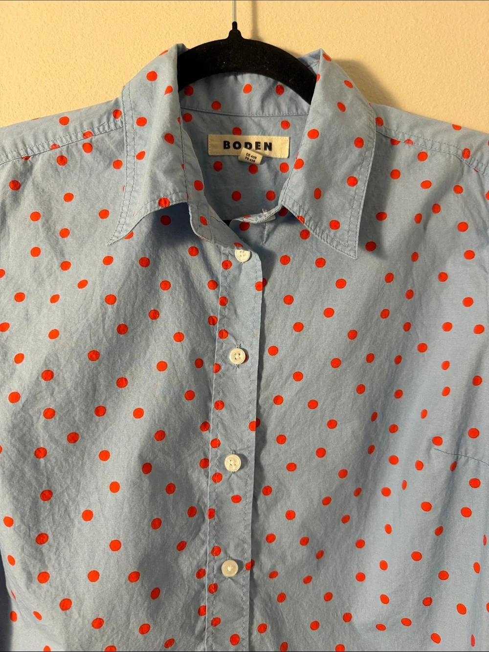 Boden Sienna Polka Dot Button Down Collared Top Shirt Light Blue Red Size 10R - Picture 6 of 12